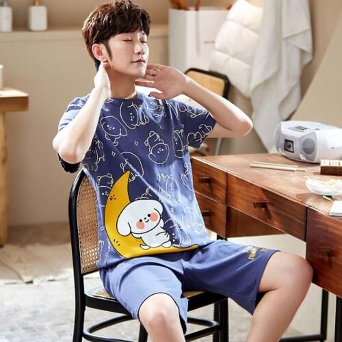 Mens Casual Pajamas Cartoon Print Cotton Sleepwear Summer New Mens Fashion Plus Size Pyjamas Set Sleeveless Short Pant Homesuit