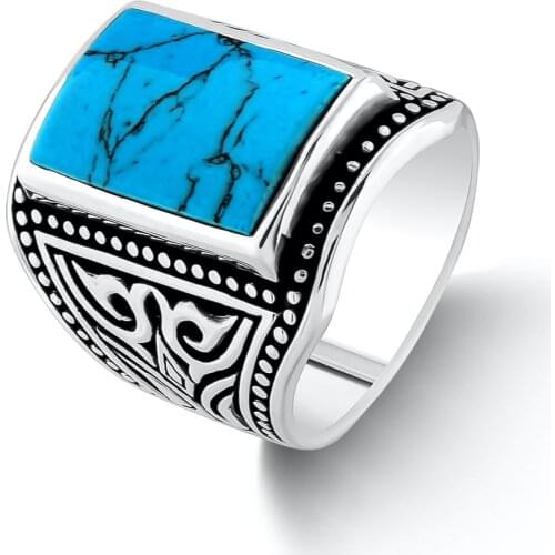 Sterling Silver Ring with Blue Rectangle Turquoise Gemstone For Men Handmade Silver Men Ring