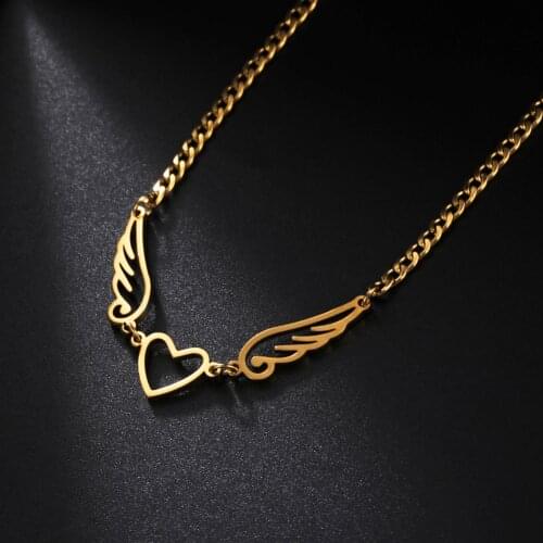 Skyrim Stainless Steel Hollow Heart Angel Wings Pendant Necklace for Women Cute Choker Necklace 2021 Trend Jewelry Wholesale New