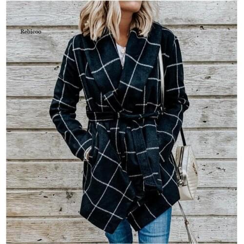 New European and American Ladies Tartan Coat Woolen Cloth Lace-Up Woolen Warm Womens Jacket Autumn Winter Plus Size