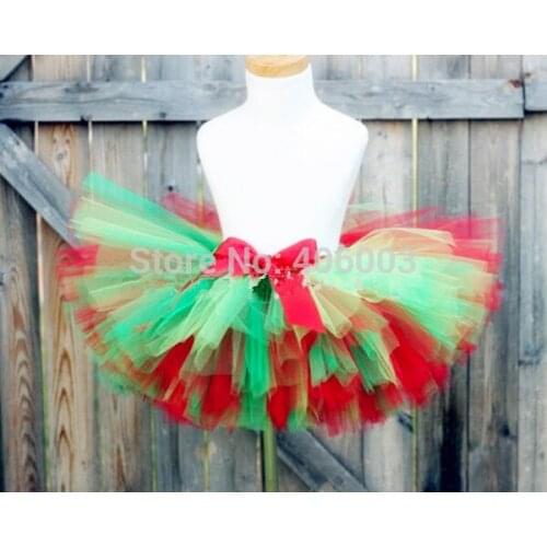 Holiday sale girls fluffy ribbon santa skirt baby tutu green with red christmas petti tutu Free Shipping