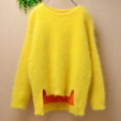 Female women winter clothing hairy mink cashmere knitwear long sleeves loose blouse pullover angora fur jumper sweater pull tops