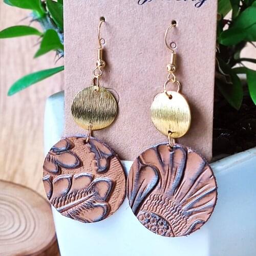 Emboss Textured Drop Earring Fashion Jewelry Unique Retro Vintage Geometric Bohemian Metal Genuine Leather Earrings for Women