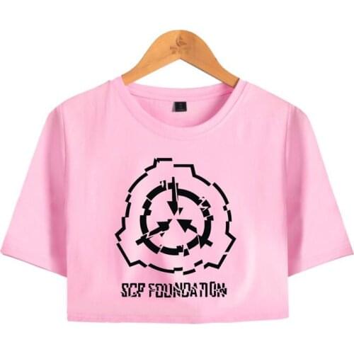 Rholycrown popular Womens Exposed navel t shirt casual pink SCP Foundation Summer Exposed navel T-Shirts womens/girls Tees