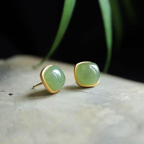 S925 sterling silver gold jasper earrings natural Hetian jade square earrings simple fashion earrings jewelry women