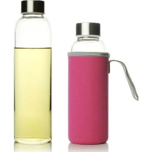 Glass Water Bottle 280ml/360ml/550ml Sport Bottle with Stainless Steel Lid and Protective Bag BPA Free Travel Drink Bottle