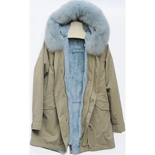 CX-G-P-07C Women Parka Real Rex Rabbit Lining Big Fox Fur Collar Hooded Winter Parka Coat