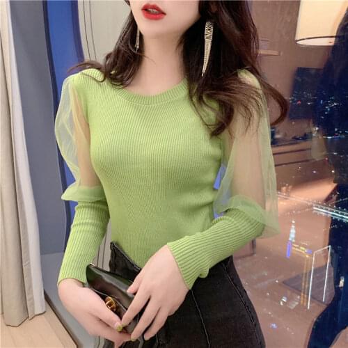 Woman Sweaters Spring Sexy Mesh Patchwork Knitting Womens Slim Fit Pullover Long Sleeve Sweater Top
