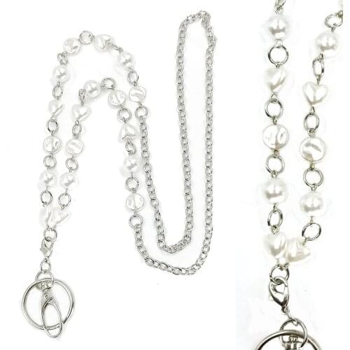 Womens Fashion White Pearl Lanyard ID Badge Holder ID Necklace Lanyards with ID Holder Keychain Holder