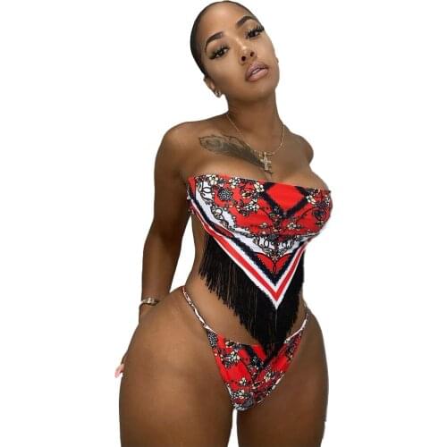 Women Floral Paisley Print Bikinis Set Tassel Splicing Crop Tops and Panties Matching Two Piece Set Beach Sexy Swimsuit