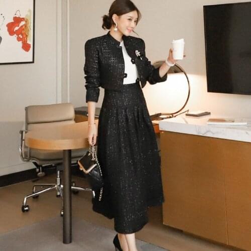 Runway Autumn Winter Korean All-Match Single-Breasted Tweed Womens Short Jacket Coat + High Waist Long Skirt 2 Piece Set Suit