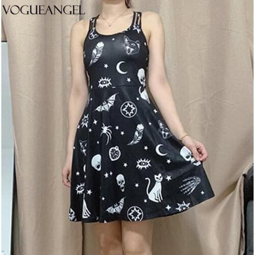 Women Black Mini Dress Gothic Skull Animal Print Cami Dress Casual Party Aesic Vintage Female Dress Femme Sleeveless Plus Size