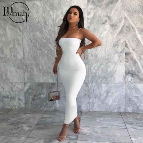 INWOMEN New Autumn Sexy White Black Dresses For Women 2021 Cami Straps Backless Bodycon Dress Female Solid Clubwear Maxi Dress