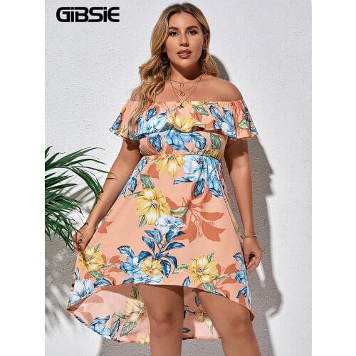 GIBSIE Floral Print Off Shoulder Ruffle Dress Plus Size High Waist Dresses 2021 Women Summer Casual Asymmetrical Dress 3XL 4XL