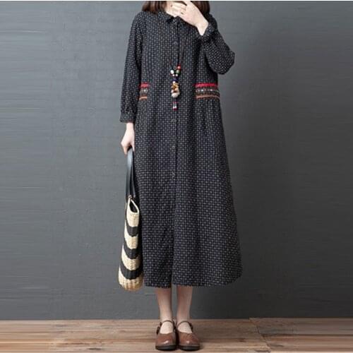 Women Cotton Linen Casual Dress New Arrival 2021 Spring Arts Style Vintage Print Loose Comfortable Female Long Dresses S3135