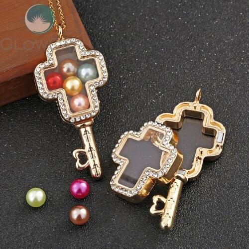 Gold Color Jesus Cross Key Can open Glass Lockets Necklace Magnetic Living Memory Floating Pendant 50cm Steel Chain Necklace