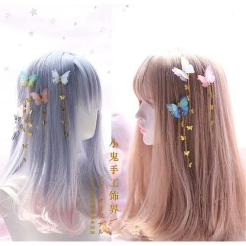 1pair Lolita cosplay Sweet clear pink purple Butterfly with gold tassels Hairpin Headdress Accessories B484