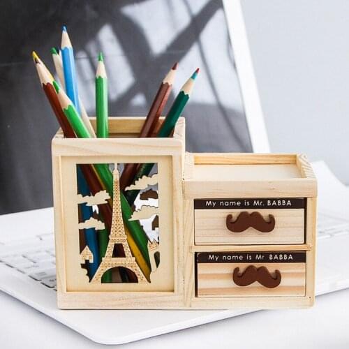 1pcs 1901 Creative Stationery Hollow Tower Pen Holder Wooden Double Drawer Pen Holder