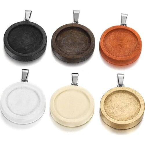 10Pcs 25 30 35 mm Wood Cabochon Base Setting Trays Bezel Blank Stainless Steel Hook Wooden Pendant Charms For DIY Jewelry Making