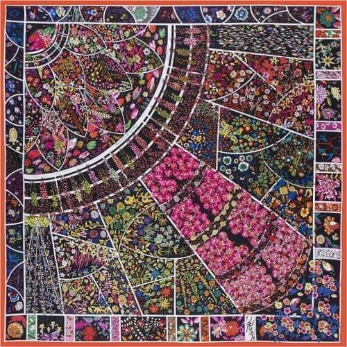 130cm Brand Scarf Women 100% Twill Silk Square Scarves Fashion Hijab Scarf Shawl Foulard Pashmina Bandana Bohemian Flower Fields