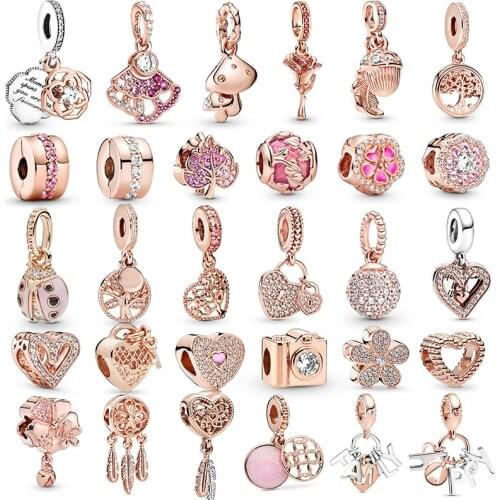 2Pcs/Lot European Style Rose Gold Crystal Love Heart Beads Pendant Fit DIY Charm Bracelets Necklaces For Women Men Jewelry Gift