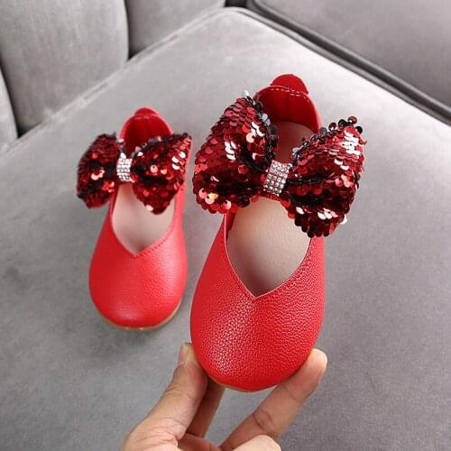 2021 Fashion Bow Baby Dress Pu Leather Shoes For Kids Girls Party Spring Princess Sequin Shoes For ChildrenS 1 2 3 4 5 6 Years