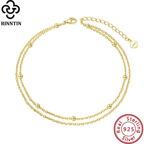 Rinntin 925 Silver Double Layered Satellite Chain Anklet for Women Summer Foot Chain Bracelet Fashion Ankle Straps Jewelry SA14
