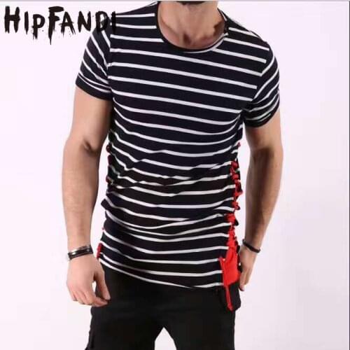 HIPFANDI 2020 Summer Wholesale Fashion Brand Oversize Extend Short Sleeve String The Ribbon Cotton T-shirt New Striped T-shirt