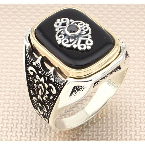 SILVERFONI Real 925 Sterling Silver Ring For Men Stylish Jewelry Fashion Agate Stone Gift Onyx Male Accessories All Size 2021