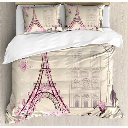 Kiss Duvet Cover Set Floral Pariss Landmarks Eiffel Tower Hot Air Balloon Bicycle Romantic Couple Decorative 3 Piece Bedding Set