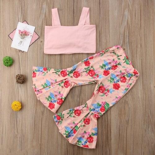 Fashion Summer Girls Clothes Sets Children Pink Sleeveless Short Crop Tops Flare Long Bell-bottoms Pants 2pcs Outfits for 1-6Y