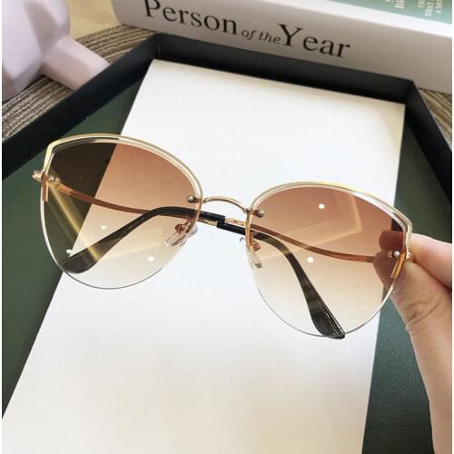 Fashion Gradient Brown Cat Eye Sunglasses Women 2021 Vintage Brand Designer Alloy Rimless Sun Glasses Female Elegant Shades