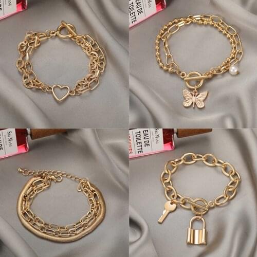 Punk Butterfly Bracelets Gold Multilayer Chain Link Bracelet Fashion Lock Heart Charm Set 2021 New Jewelry Gifts