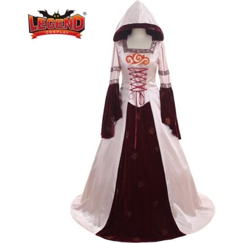 Medieval Dress Cosplay Long Sleeves pink medieval pink ball gown satin/velvet hooded dress custom made