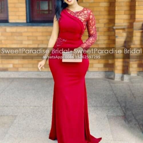 Luxurious Heavy Beads Evening Dresses Sheer One Long Sleeves Mermaid Floor Length Red Carepet Dress Celebrity Party Gown