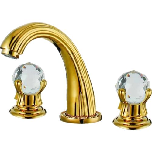 Luxury Exquisite GOLD crystal Lavatory Faucet Brass Bathroom sink faucet Three holes two handle basin mixer tap Cold hot water