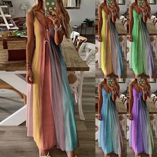 S-5XL Multicolor Beach Sling dress Womens Ladies Plus Size Loose Stripe Sleeveless V-Collar Long Dress Maxi Dress tenue sexy F4