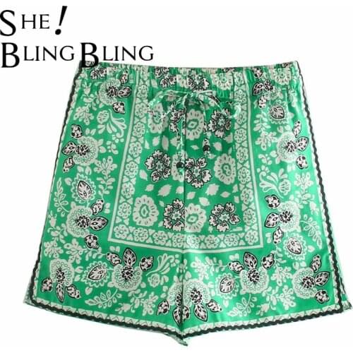 SheBlingBling Green Loose Shorts Summer Fashion Drawstring Elastic High Waist Women Printed Shorts Casual Holiday Beach Wear