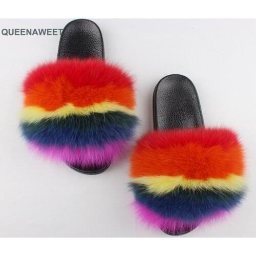 Women Summer Fox Fur Slides Lady Super Big Fluffy Fox Fur Slippers Women Cute Furry Slippers Women Home Slippers Drop Shipping