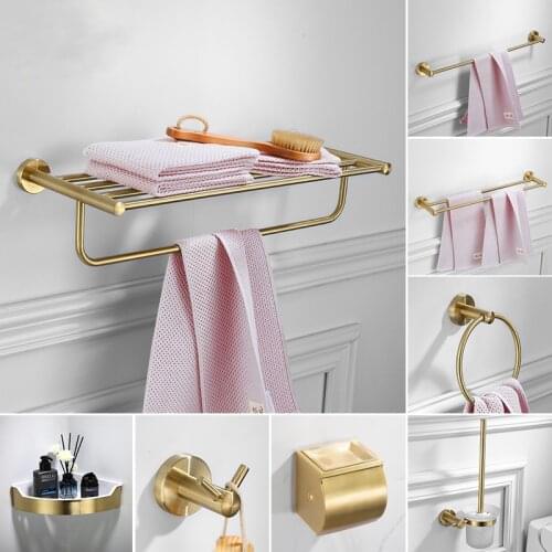 Light Luxury Brushed Gold Towel Rack Golden Bathroom Perforated Toilet Brush Holder Stainless Steel Bathroom Accessories Set