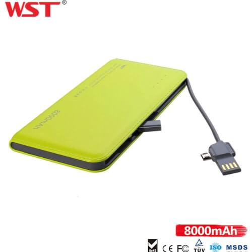 WST Quick Charge PowerBank 8000mAh Ultra Thin External Portable Battery With Built in Cable For IOS Android Caricatore Portatile