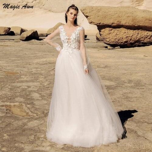Magic Awn Full Sleeves Beach Wedding Dresses Lace Appliques Illusion Boho A-Line Bridal Gowns Backless Vestidos De Novia