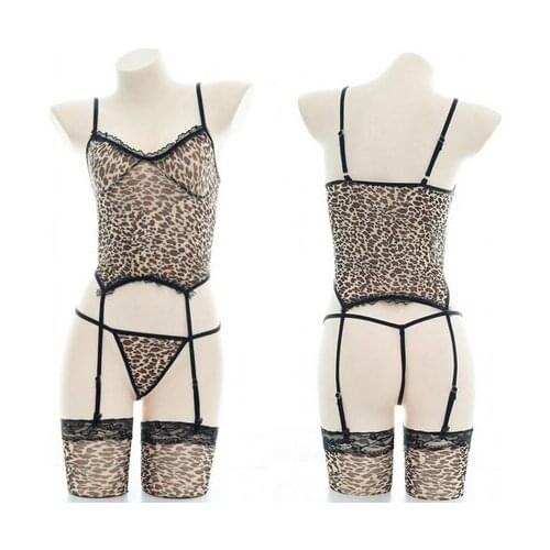 Japanese Style Sexy Womens Classic Lace Trim Leopard Printing Garters Underwear Set Lolita Chiffon One-Piece Pyjamas Cosplay