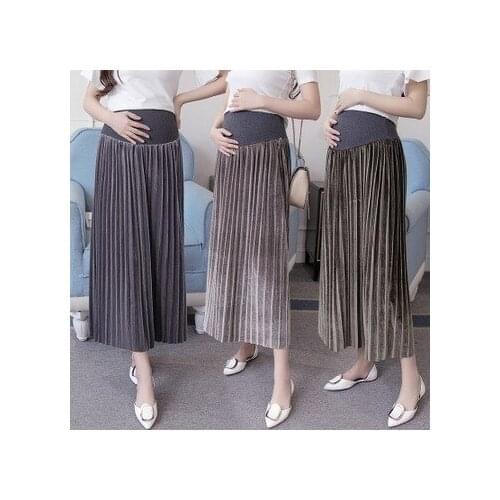 Maternity Skirts Long Solid Skirt For Pregnant Women Gold Velvet A-line Pleated Pregnancy Skirt Casual Fashion Maternity Skirts