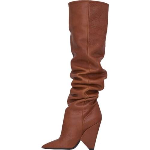New Pointed Toe Spike Heels Folds Leather Thigh High Boots Sexy Slip-On Over The Knee Boots For Women Fashion Winter Boots Women