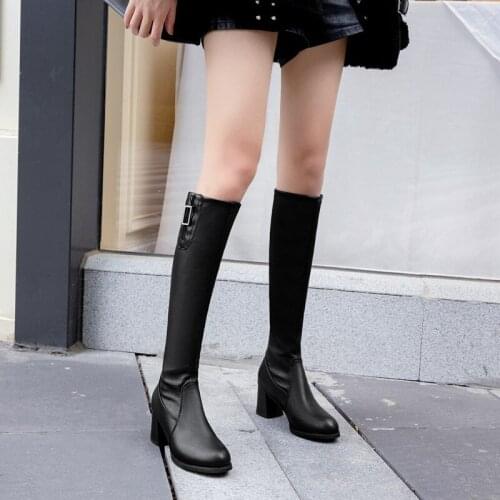 Over the knee boots womens fall/winter 2020 new high boots thick heel stretch boots mid-heel zipper leather boots