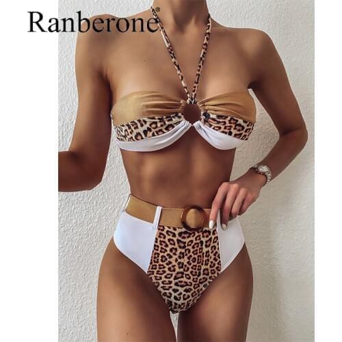 Ranberone New Two Piece Swimwear Women Leopard Print Bikini Push Up Padded Bathing Sets Bandage Swimsuit Sexy Summer Beachwear