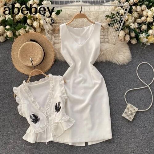 Women Summer Design Set V Neck Vest+Sexy Off Shoulder Strap Dress Two Pieces Set 2021