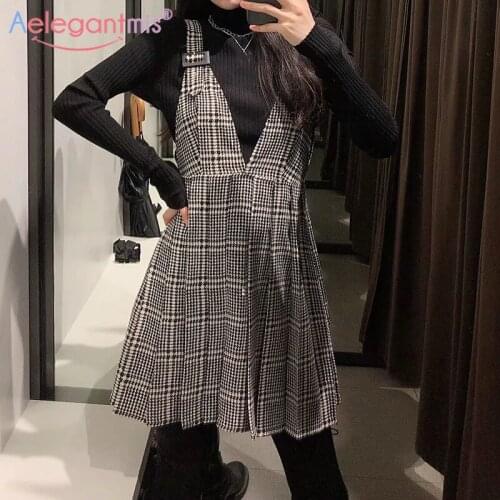 Aelegantmis Houndstooth Strap Dress Women V Neck A Line Sleeveless Dresses Plaid Korean Chic Mini Vestidos Female Streetwear New