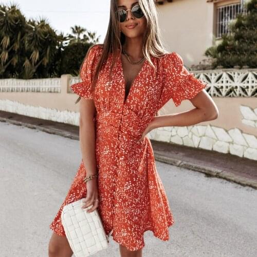 Sexy Deep V-neck Floral Print Mini Dress Summer Casual Puff Sleeve Button Dresses For Women 2021 Black Slim Office Robe Femme